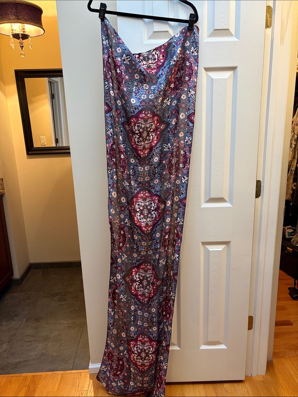 White House Black Market silk Scarf oblong Blue /Burgundy Printed Maxi Wrap